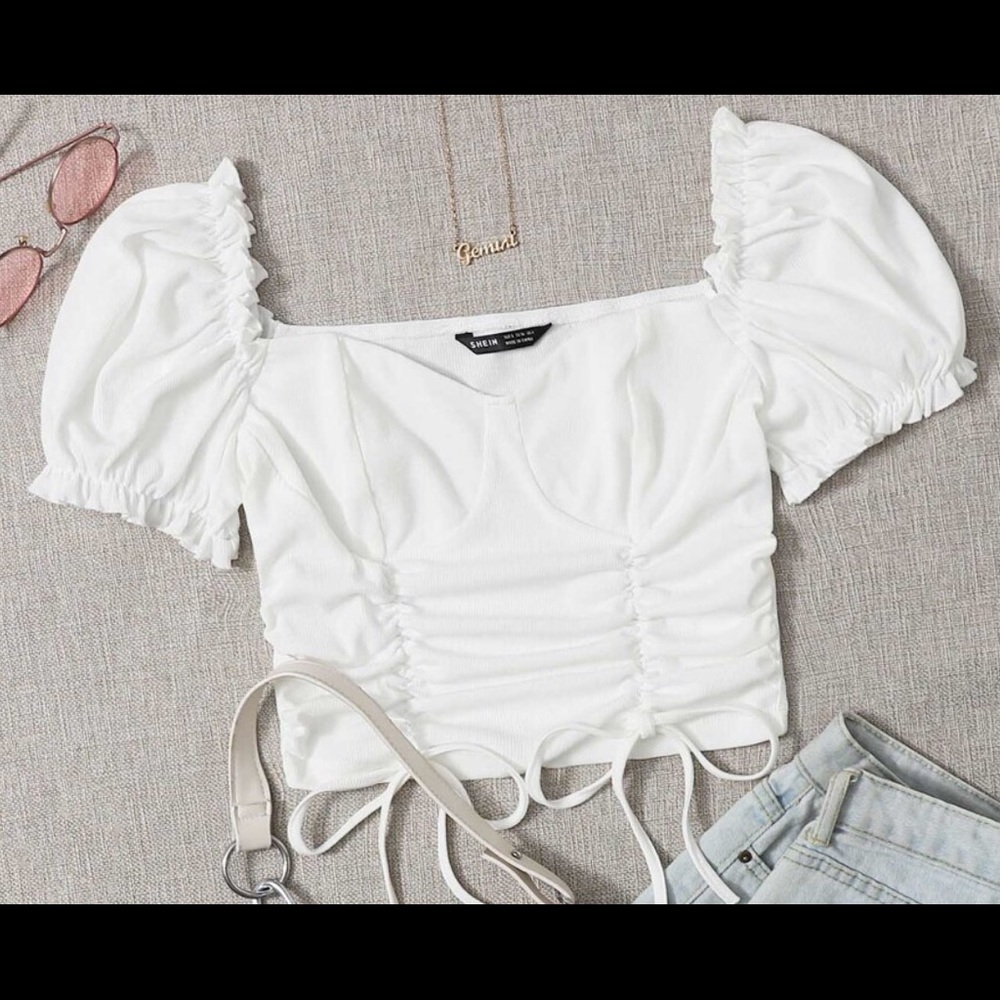 Shein Puff Sleeve Drawstring Top